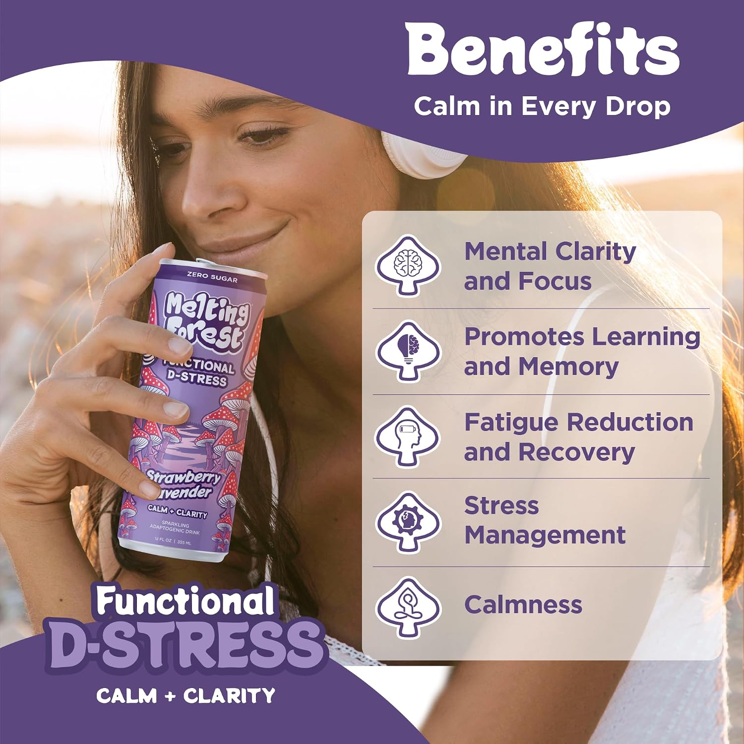 Mushroom D-Stress Drink 12 Pack - Strawberry Lavender