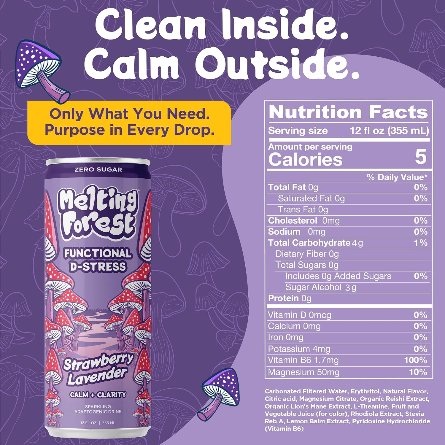 Mushroom D-Stress Drink 12 Pack - Strawberry Lavender